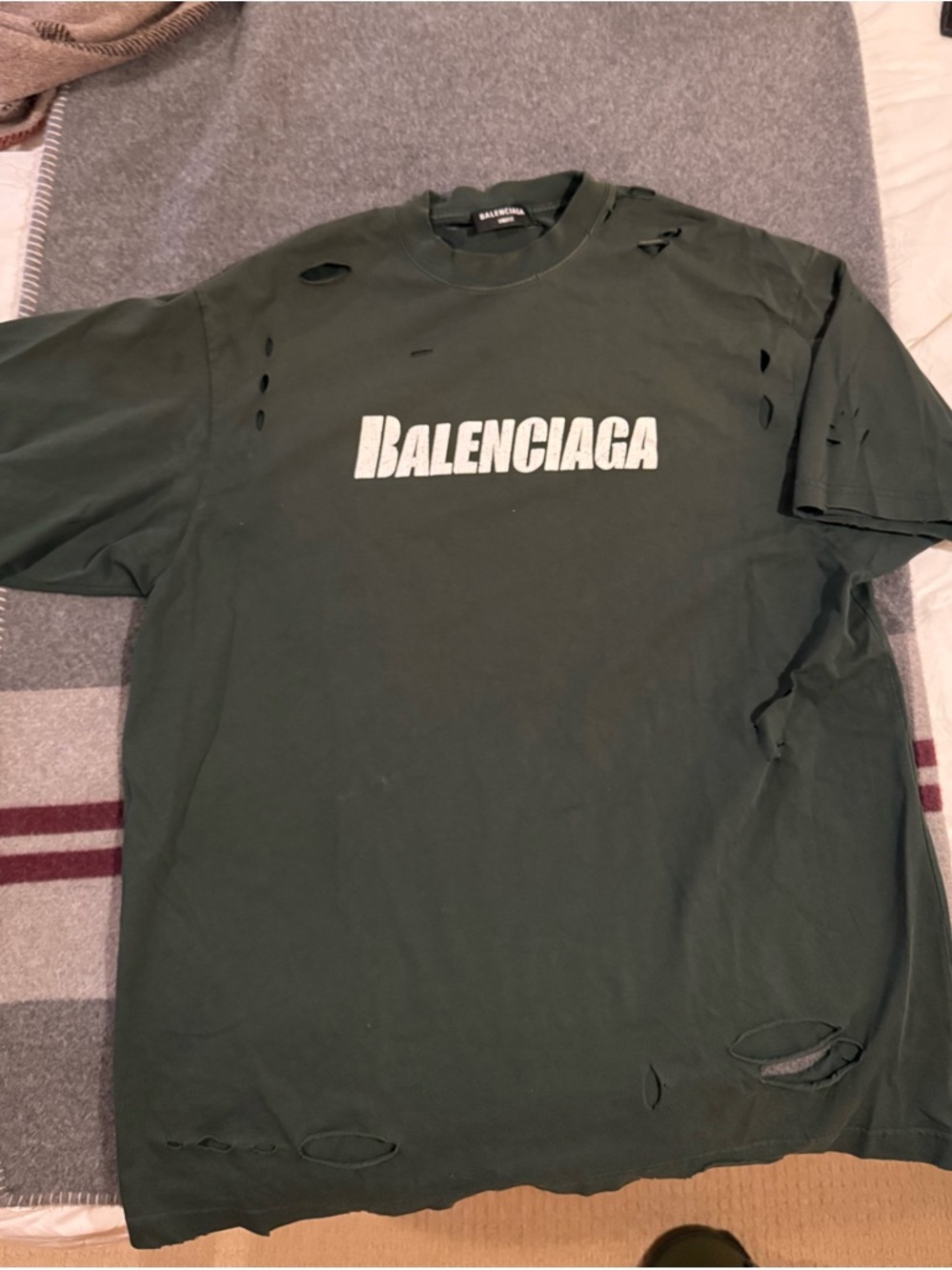 Balenciaga Forest Green Distressed Logo Short Sleeve Tee
